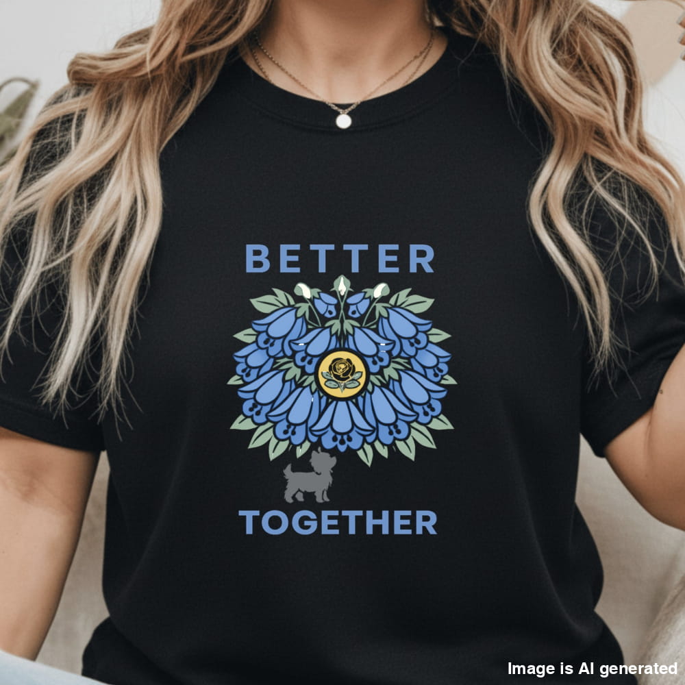 Person wearing a black t-shirt with a blue floral design and 'Better Together' text.