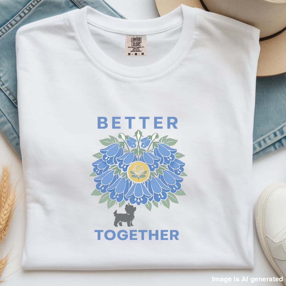 White t-shirt with blue floral design and 'Better Together' text on a light background