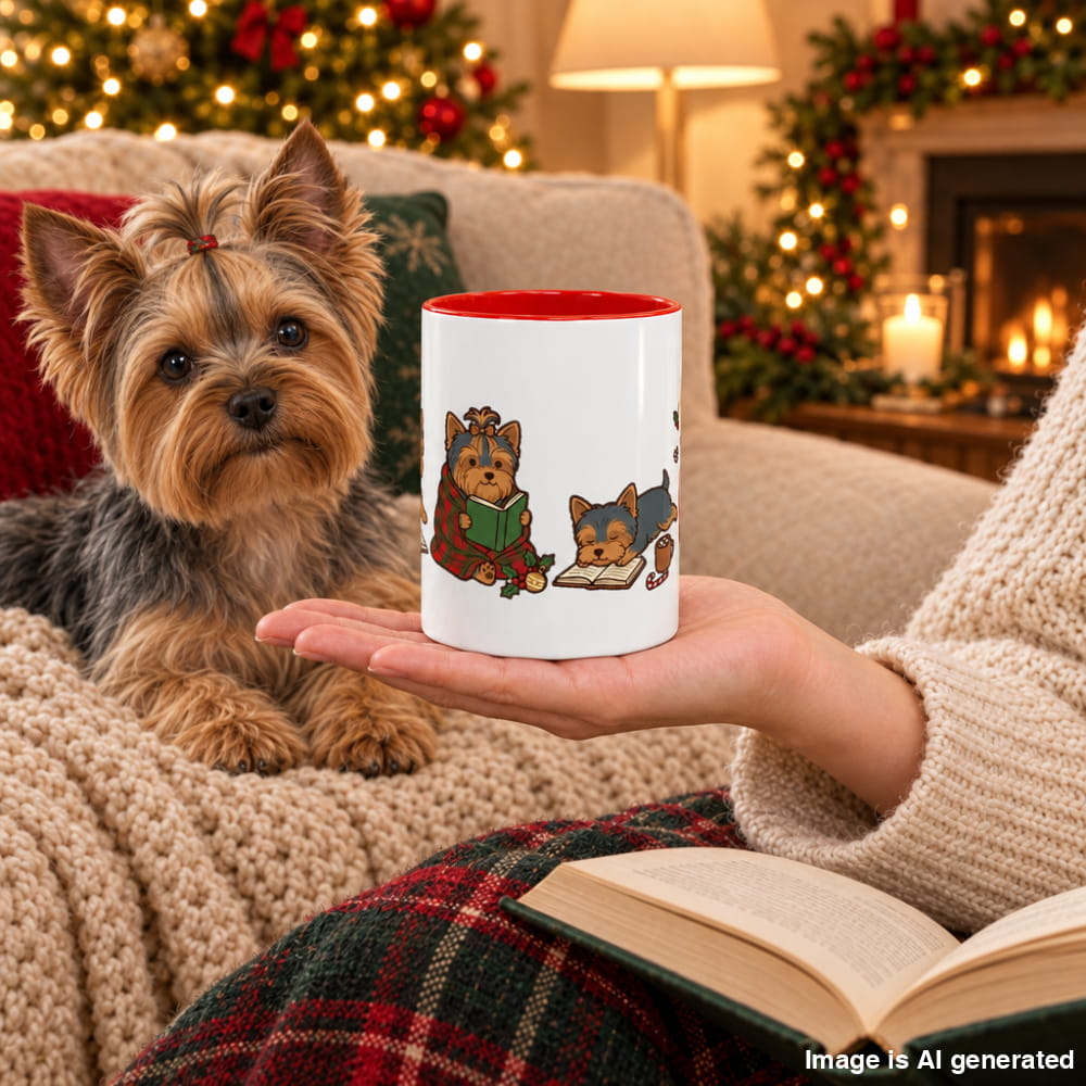 A hand holds a white ceramic mug with a red interior and a Christmas illustration of Yorkies reading, while a real Yorkie rests on a cozy couch.