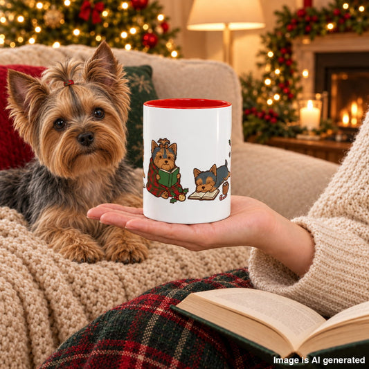 A hand holds a white ceramic mug with a red interior and a Christmas illustration of Yorkies reading, while a real Yorkie rests on a cozy couch.