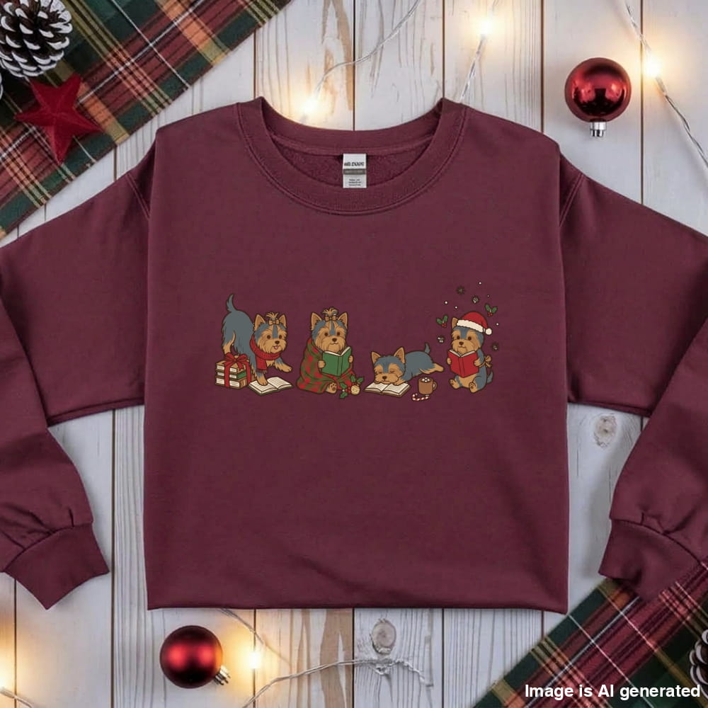 Maroon Yorkie Christmas Reading Sweatshirt, flat lay with holiday ornaments, string lights and plaid fabric