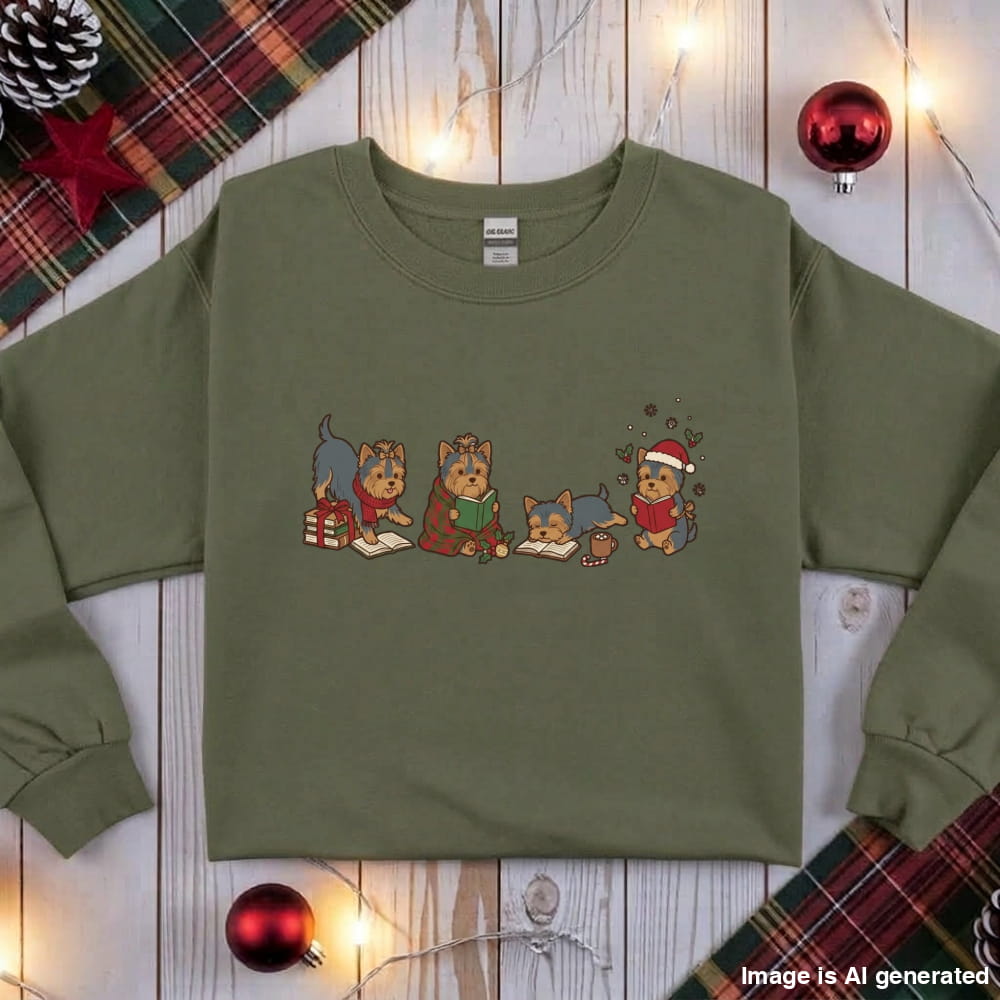 Military green Yorkie Christmas Reading Sweatshirt, flat lay with holiday ornaments, string lights and plaid fabric