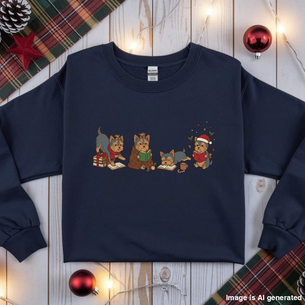 Navy Yorkie Christmas Reading Sweatshirt, flat lay with holiday ornaments, string lights and plaid fabric