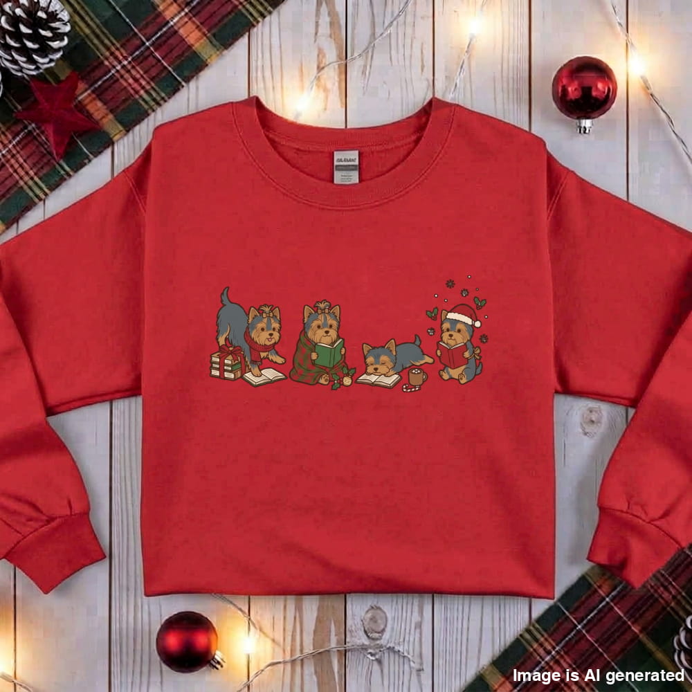 Red Yorkie Christmas Reading Sweatshirt, flat lay with holiday ornaments, string lights and plaid fabric