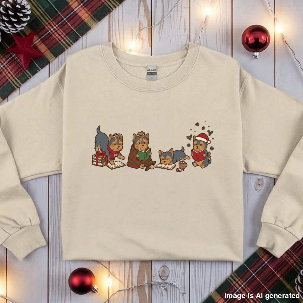 Sand Yorkie Christmas Reading Sweatshirt, flat lay with holiday ornaments, string lights and plaid fabric
