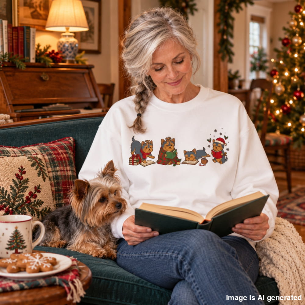 Woman in a white Yorkie Christmas Reading Sweatshirt reading a book in a cozy, Christmas-decorated room with her small dog beside her