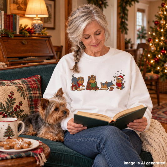 Woman in a white Yorkie Christmas Reading Sweatshirt reading a book in a cozy, Christmas-decorated room with her small dog beside her