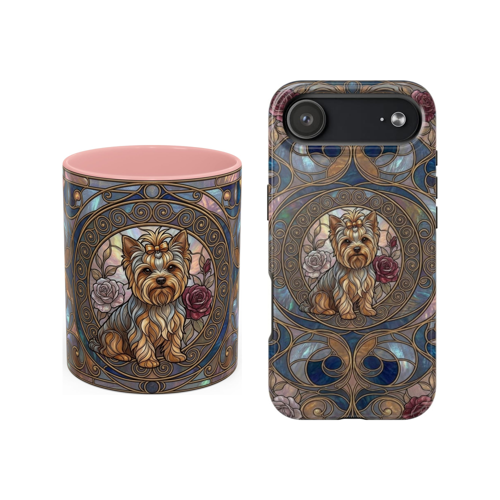 Yorkie Midnight Rose stained glass style mug and phone case set on a white background.