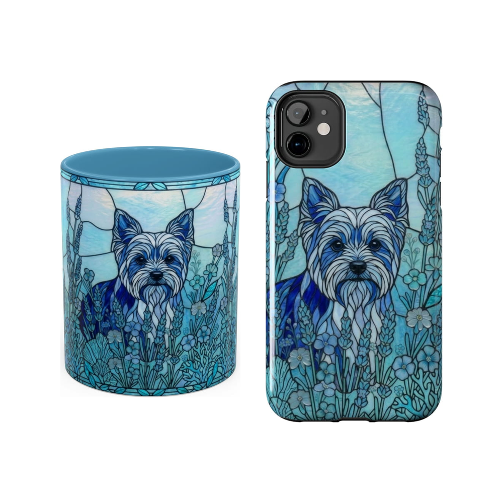 Yorkie Ocean Blue stained glass style mug and phone case set on a white background.