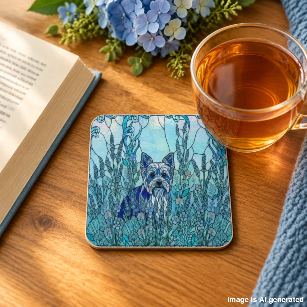 A square coaster featuring a blue and teal stained-glass-style illustration of a small dog in a field, placed on a wooden table next to an open book, blue flowers, a glass of tea, and a blue knit blanket.
