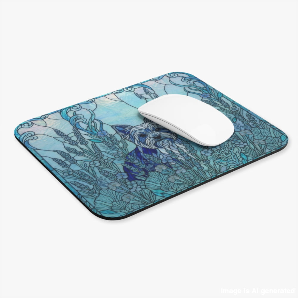 A rectangular mouse pad with rounded corners featuring an intricate blue and teal floral and scroll pattern, shown on a light gray background with a white computer mouse resting on top.