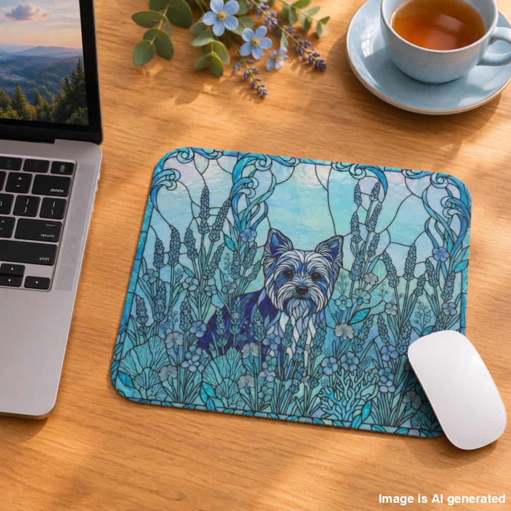 A rectangular desk mat with rounded corners sits on a wooden desk. The mat features a stained-glass style illustration of a terrier dog surrounded by blue flowers and lavender.