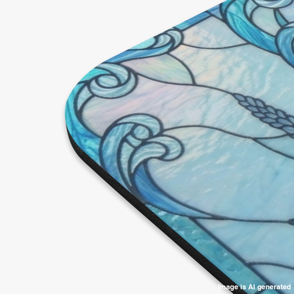 A close-up of a rectangular product with rounded corners, featuring a stained-glass style design in shades of blue, teal, and pale lavender, with a black edge visible against a white background.