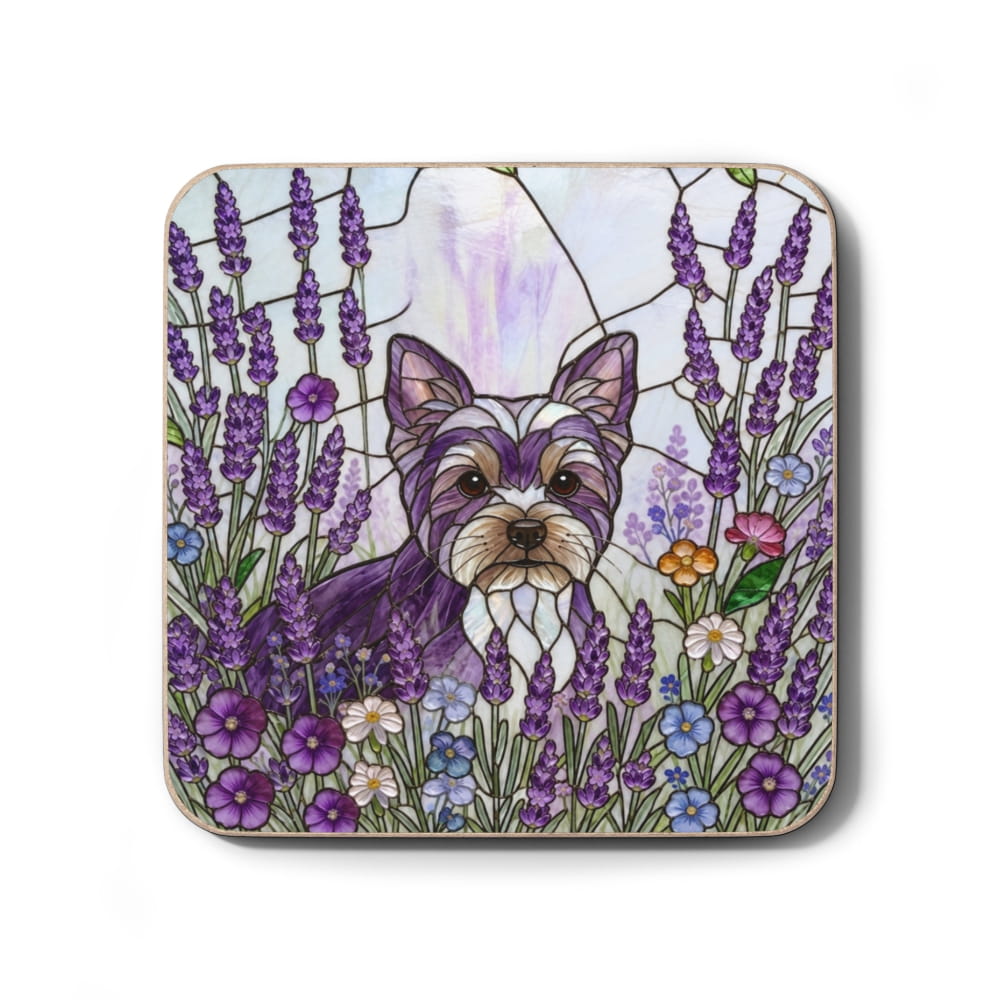 A square coaster with rounded corners featuring a stained-glass style illustration of a Yorkshire Terrier surrounded by purple lavender and wildflowers, shown on a clean white background.