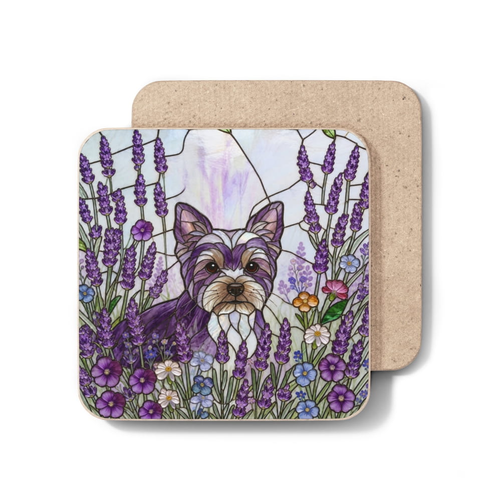 Two square cork coasters stacked slightly offset on a white background. The top coaster features an illustrated design of a small dog surrounded by purple lavender flowers, with the natural tan cork texture visible on the bottom and back side of the coaster.