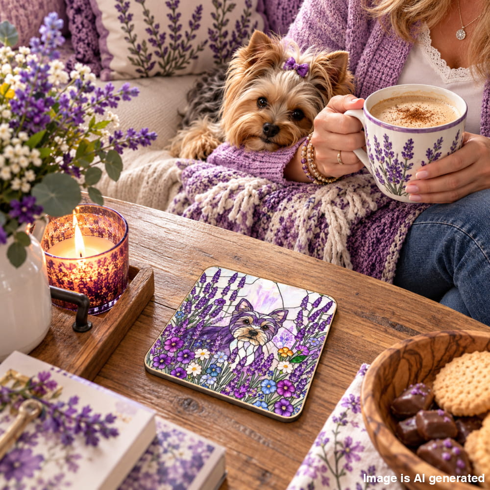 A small dog sits on a person's lap while the person holds a mug with a purple lavender floral design. In the foreground, a matching square coaster or tray with an illustrated cat and lavender flowers rests on a wooden table, surrounded by flowers, a candle, cookies, and a cozy indoor setting.
