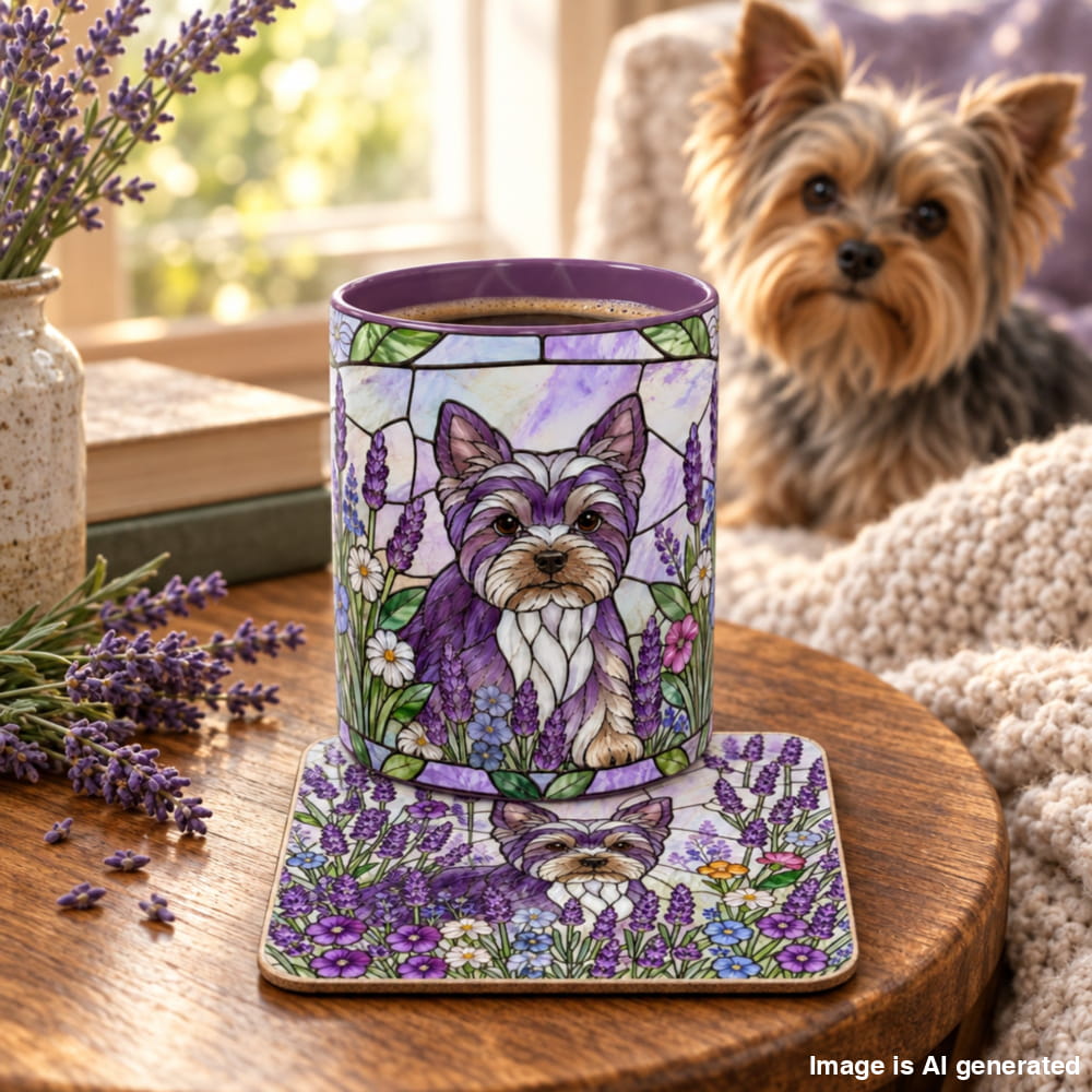 A ceramic mug and matching coaster featuring a stained-glass-style illustration of a purple and cream Yorkshire Terrier surrounded by lavender and flowers, displayed on a wooden table in a cozy room with a real dog in the background.