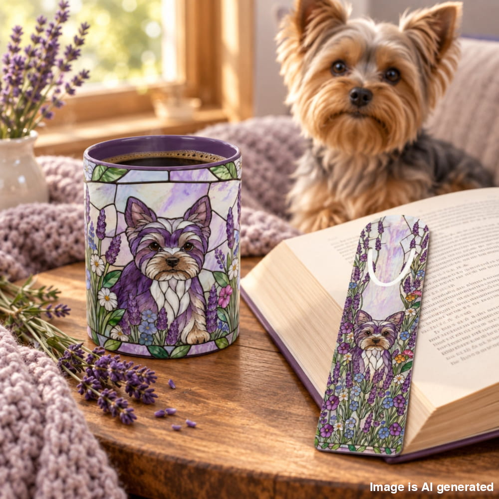 Yorkie Stained Glass Style Lavender Cozy Reading Set – Mug & Bookmark - Purple - Bundles