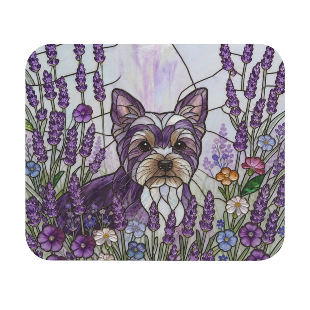 A square decorative item, likely a mouse pad or small plaque, featuring an illustrated Yorkshire Terrier surrounded by lavender and wildflowers in a stained-glass style. The dog is purple and cream with green outlines, set against a white background with purple lavender flowers filling the sides.