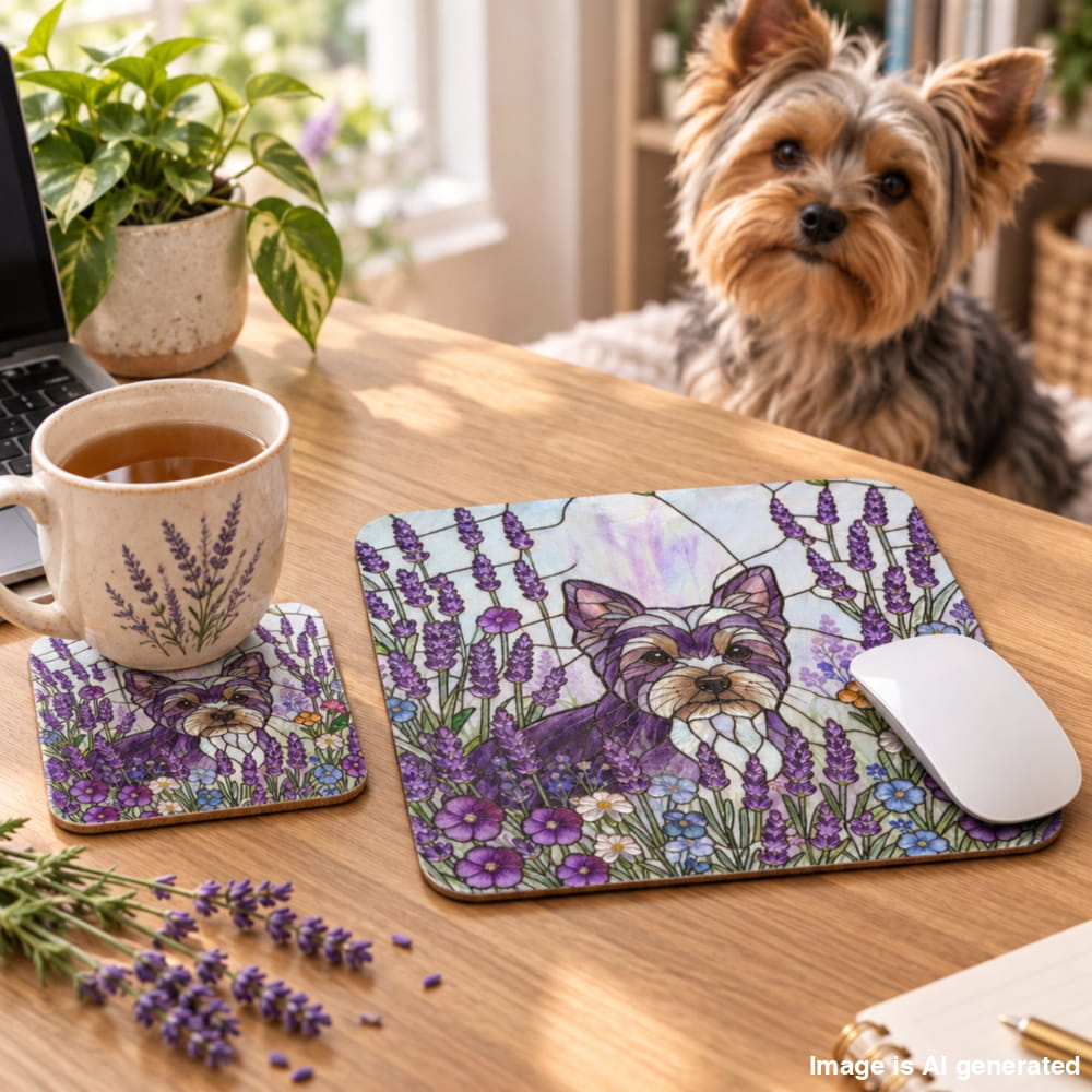 A small dog sits at a wooden desk beside a printed mousepad and matching coaster, both featuring a lavender field illustration with a dog in the center. A white mug, laptop edge, plant, and notebook are also visible in a bright indoor setting.