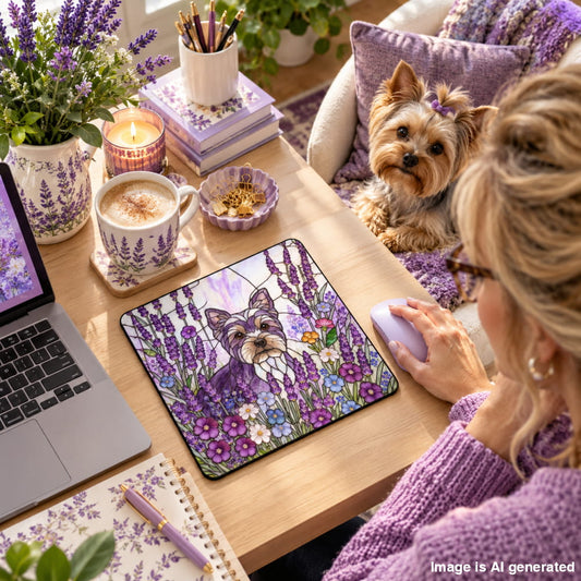 A small dog sits on a lavender blanket beside a wooden desk where a woman in a purple sweater uses a light purple mouse over a printed mousepad featuring a dog among purple flowers. The scene includes a laptop, mug, candle, books, and lavender decor.
