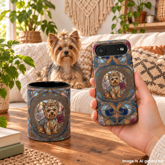 A hand holds a smartphone with a decorative phone case featuring a Yorkie dog illustration in an ornate Art Nouveau style. A matching ceramic mug sits on a wooden table in a cozy living room setting with a real Yorkie dog sitting on a couch in the background.