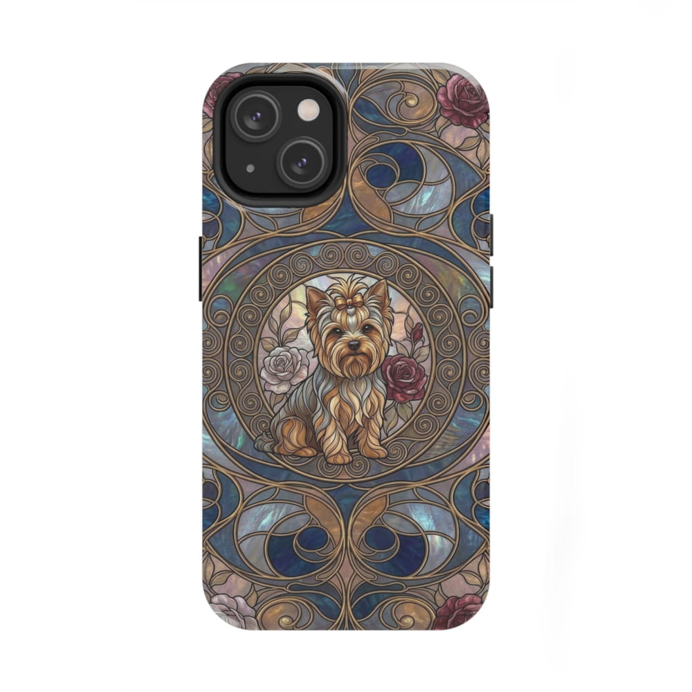 Yorkie Stained Glass Style Midnight Rose Tough Phone Case - iPhone 14 - Phone Case
