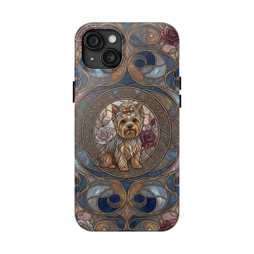 Yorkie Stained Glass Style Midnight Rose Tough Phone Case - iPhone 15 Plus - Phone Case