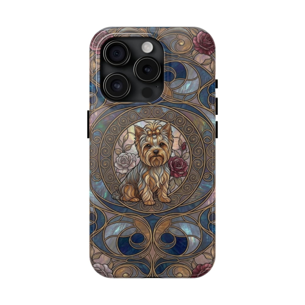 Yorkie Stained Glass Style Midnight Rose Tough Phone Case - iPhone 15 Pro - Phone Case