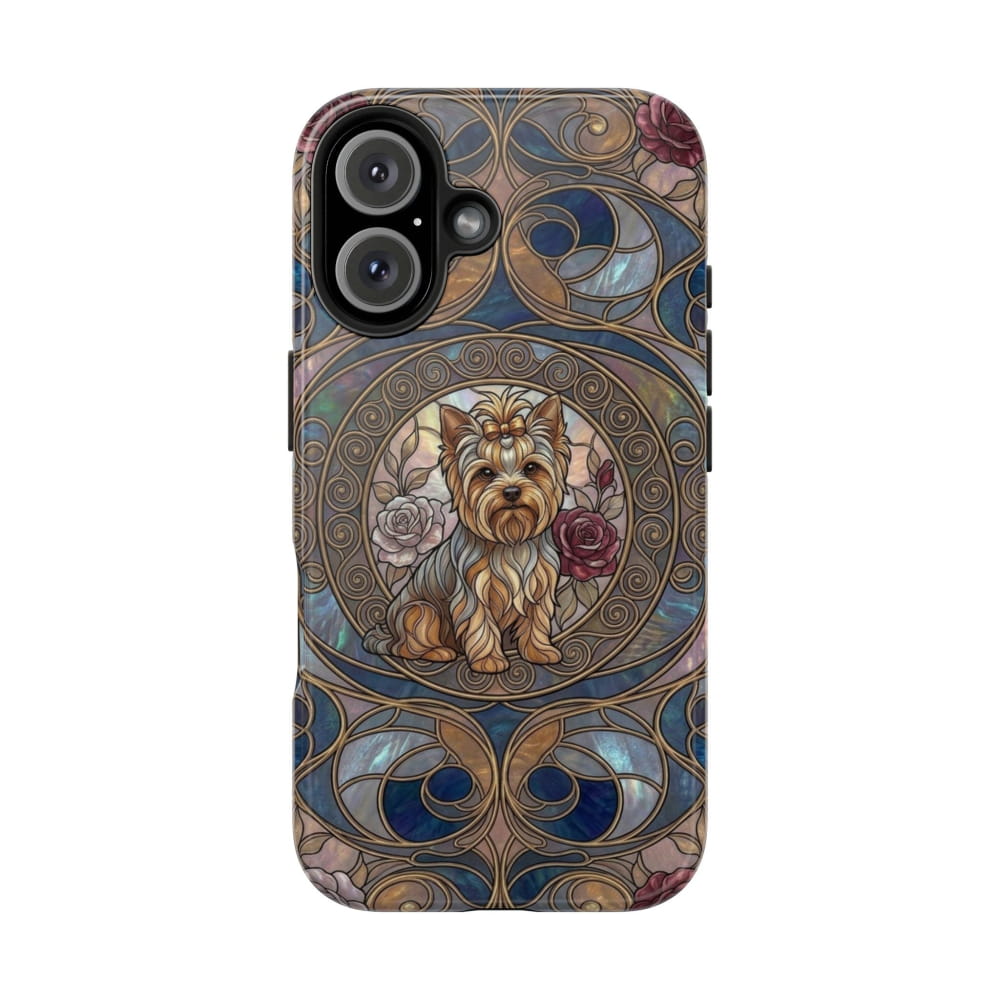 Yorkie Stained Glass Style Midnight Rose Tough Phone Case - iPhone 16 - Phone Case