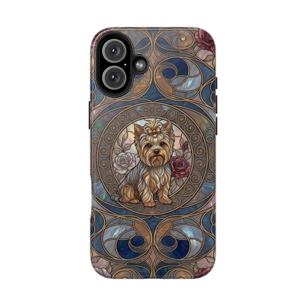 Yorkie Stained Glass Style Midnight Rose Tough Phone Case - iPhone 16 Plus - Phone Case
