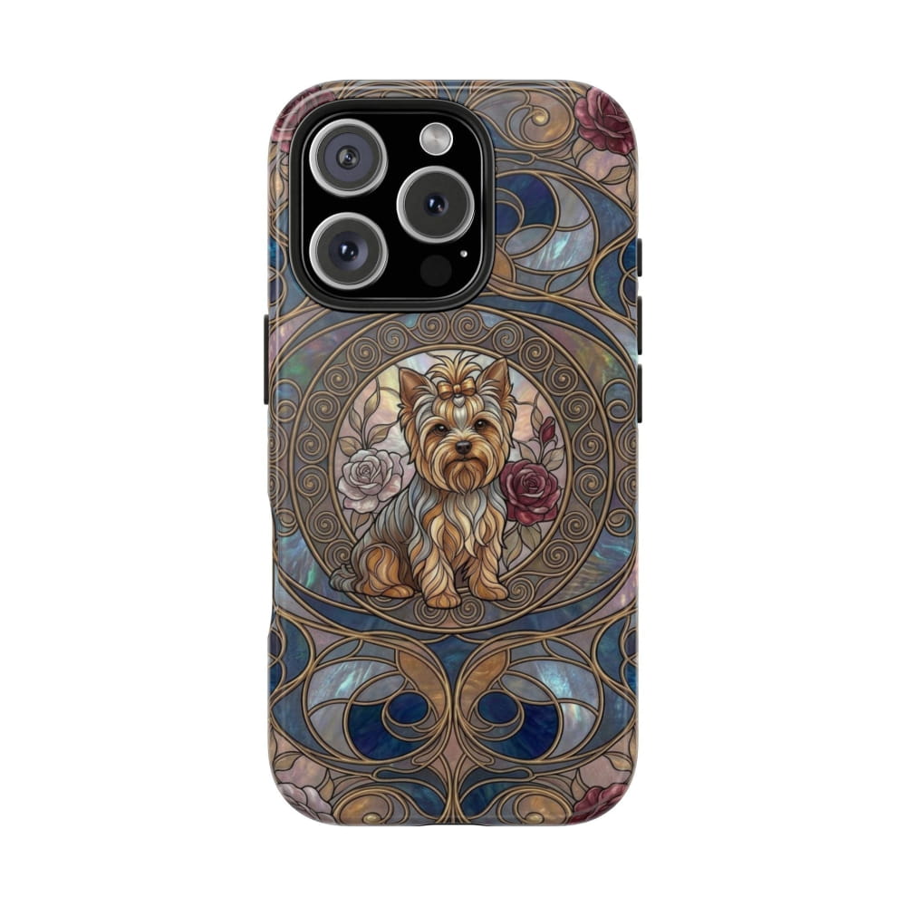 Yorkie Stained Glass Style Midnight Rose Tough Phone Case - iPhone 16 Pro - Phone Case