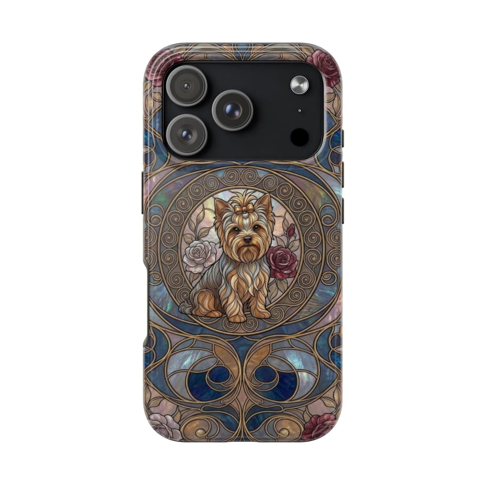 Yorkie Stained Glass Style Midnight Rose Tough Phone Case - iPhone 17 Pro - Phone Case