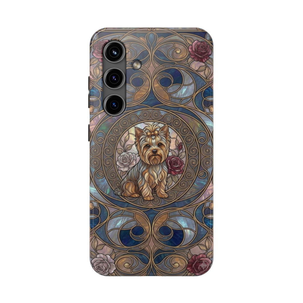 Yorkie Stained Glass Style Midnight Rose Tough Phone Case - Samsung Galaxy S24 - Phone Case