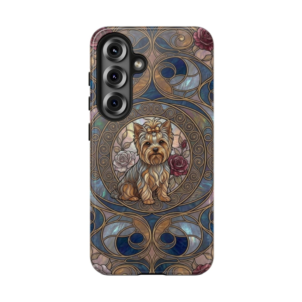 Yorkie Stained Glass Style Midnight Rose Tough Phone Case - Samsung Galaxy S25 - Phone Case