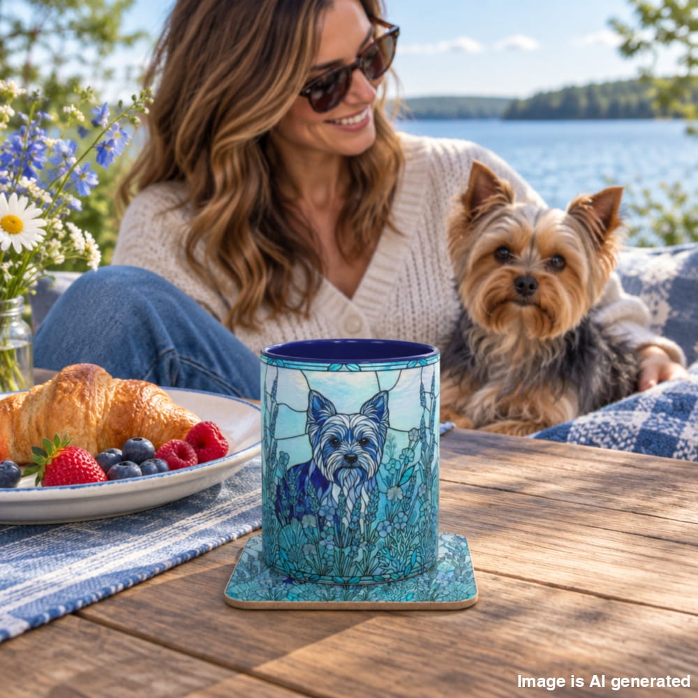 A ceramic mug with a blue and teal dog illustration sits on a wooden table in a lifestyle setting, with a woman and her dog in the background near a lake.