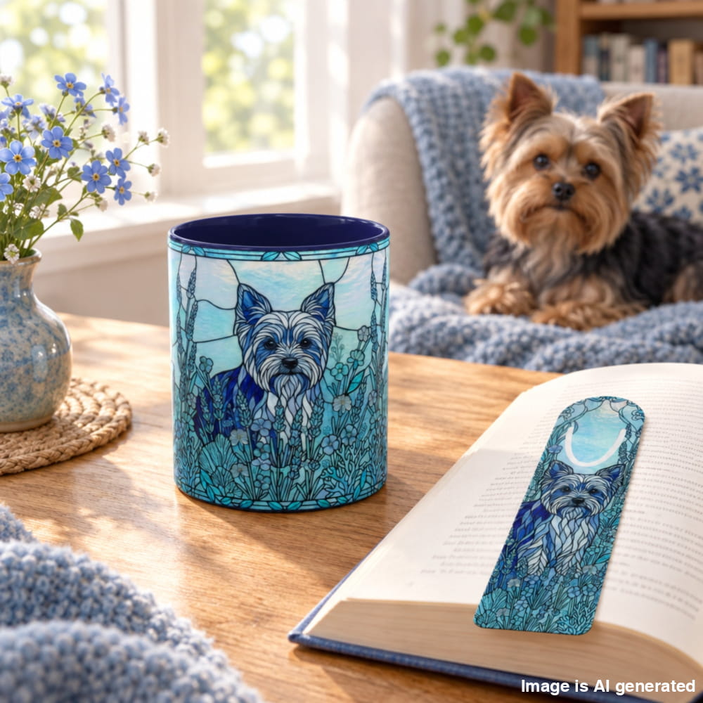 A blue ceramic mug and matching bookmark set featuring a stylized dog illustration in a stained-glass-like teal and white design, shown on a wooden table in a cozy living room with a small dog sitting on a couch in the background.