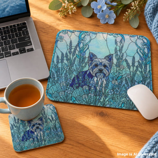 A rectangular mouse pad and matching square coaster featuring a blue-toned stained-glass-style illustration of a small dog in a floral field, styled on a wooden desk with a laptop, mug of tea, mouse, flowers, and knit fabric nearby.