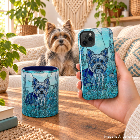 A hand holds a phone case and a matching mug featuring a blue-toned illustration of a small dog in a floral field, with a real dog sitting on a couch in the background of a cozy living room.