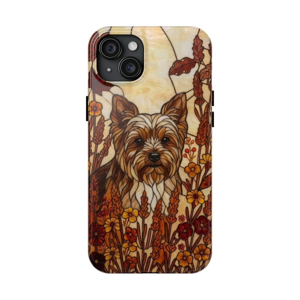 Yorkie Stained Glass Style Tough Case, Autumn Warmth Theme - iPhone 15 - Phone Case