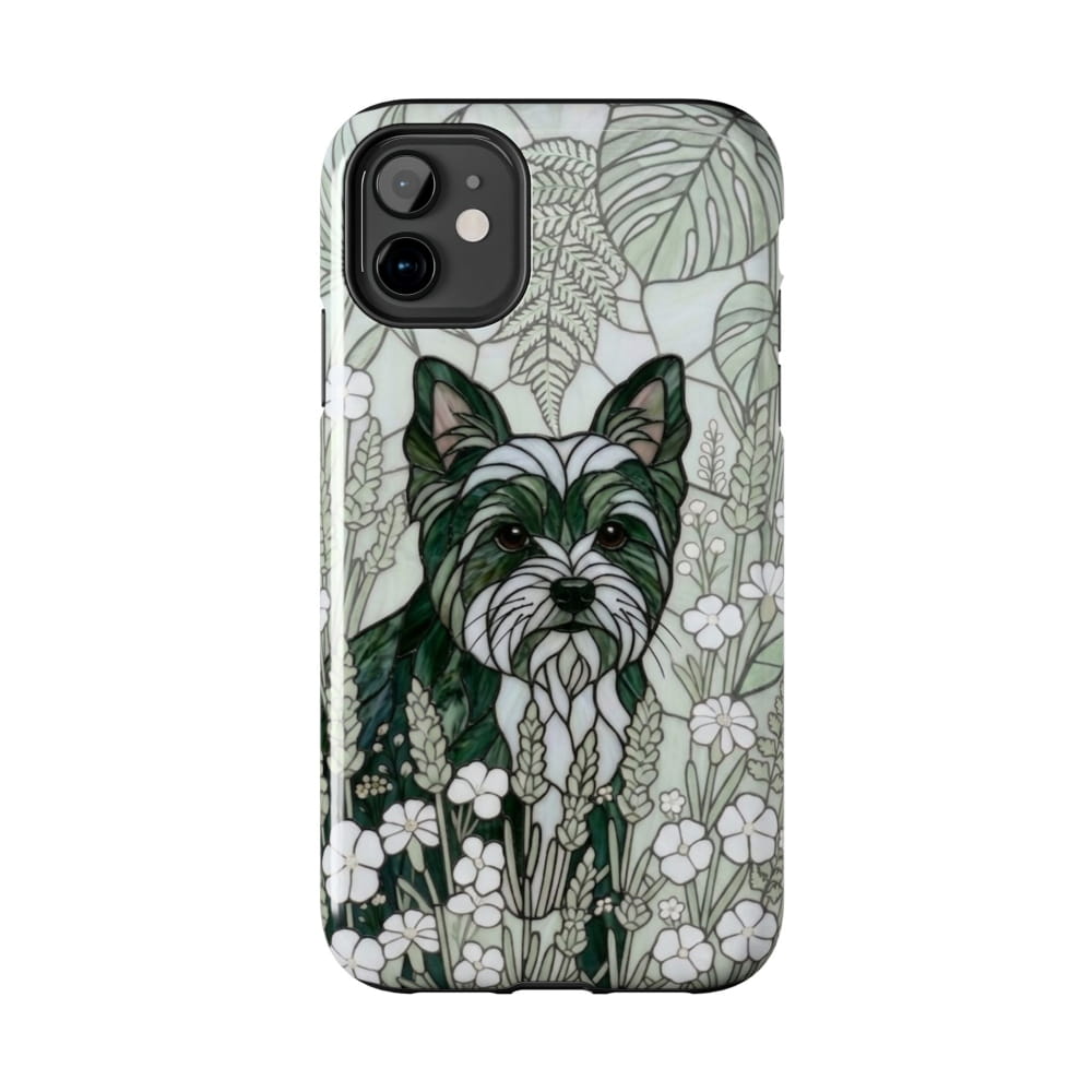 Phone case with a dog illustration and floral design on a white background