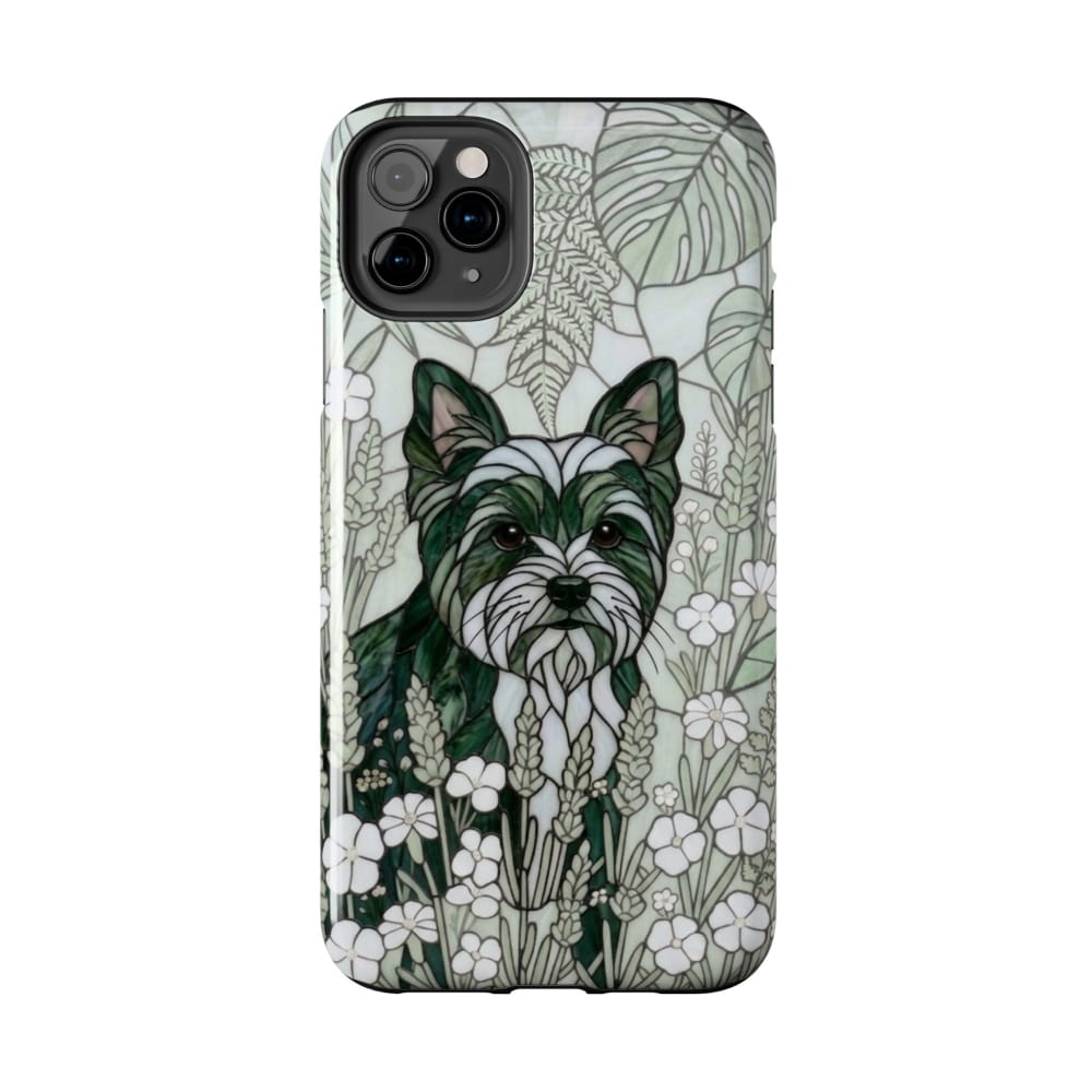 Phone case with a dog illustration on a floral and leaf patterned background