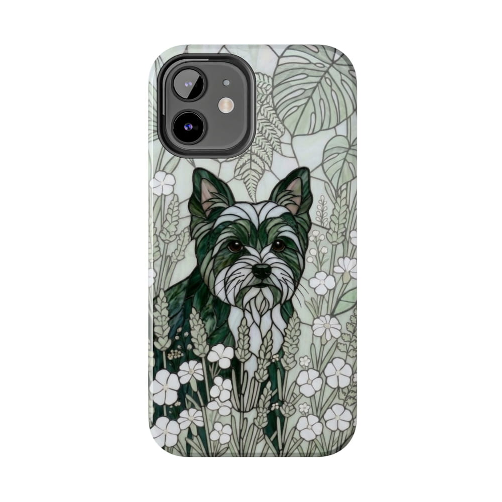 Yorkie Stained Glass Style Tough Case, Botanical Green Theme - iPhone 12 - Phone Case