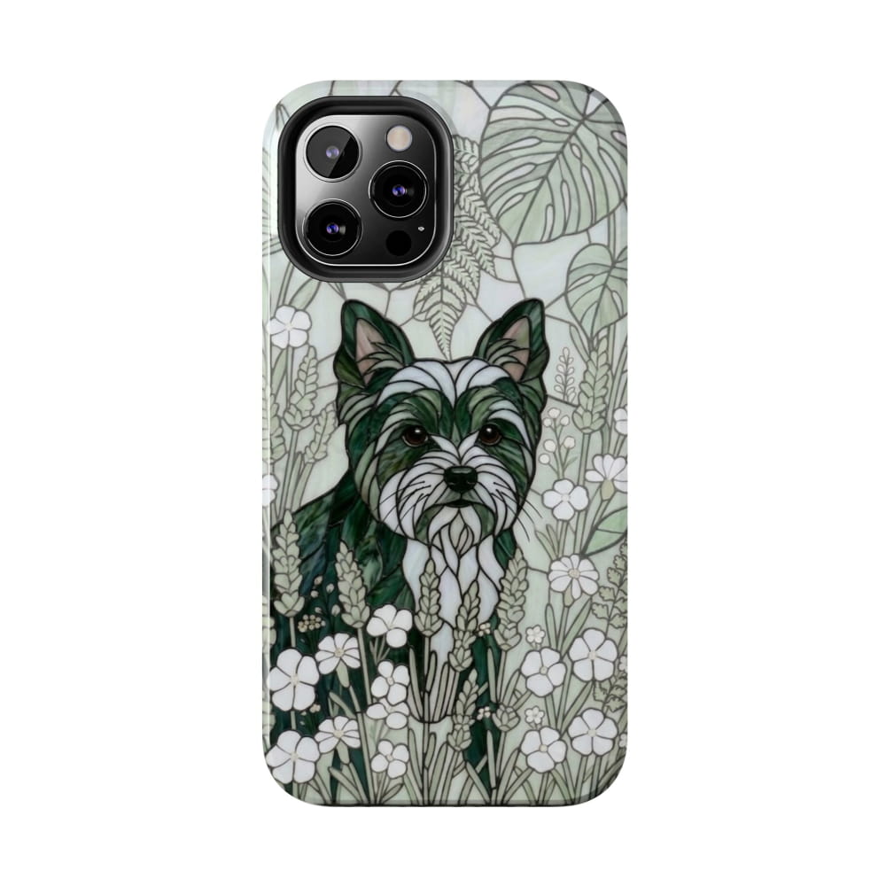 Yorkie Stained Glass Style Tough Case, Botanical Green Theme - iPhone 12 Pro Max - Phone Case