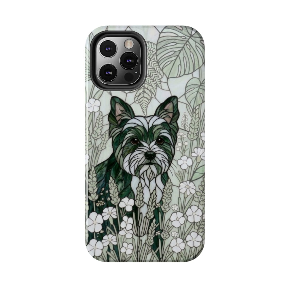 Yorkie Stained Glass Style Tough Case, Botanical Green Theme - iPhone 12 Pro - Phone Case