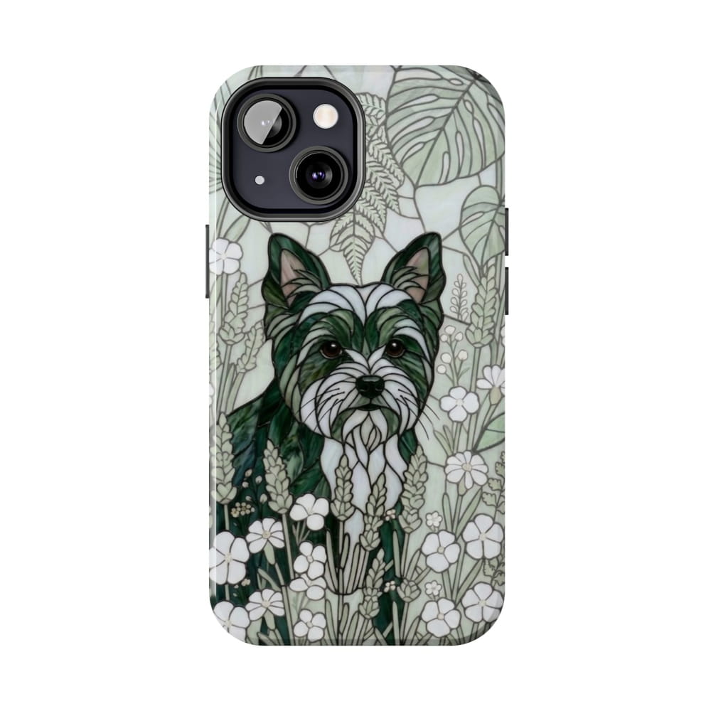 Yorkie Stained Glass Style Tough Case, Botanical Green Theme - iPhone 13 Mini - Phone Case