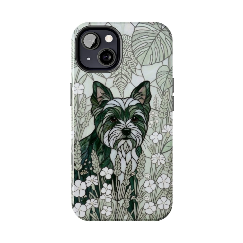 Yorkie Stained Glass Style Tough Case, Botanical Green Theme - iPhone 13 - Phone Case