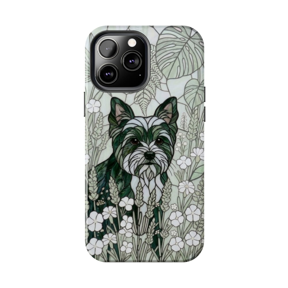 Yorkie Stained Glass Style Tough Case, Botanical Green Theme - iPhone 13 Pro Max - Phone Case