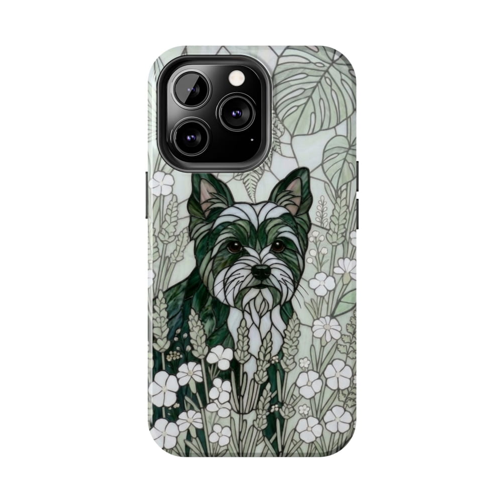 Yorkie Stained Glass Style Tough Case, Botanical Green Theme - iPhone 13 Pro - Phone Case