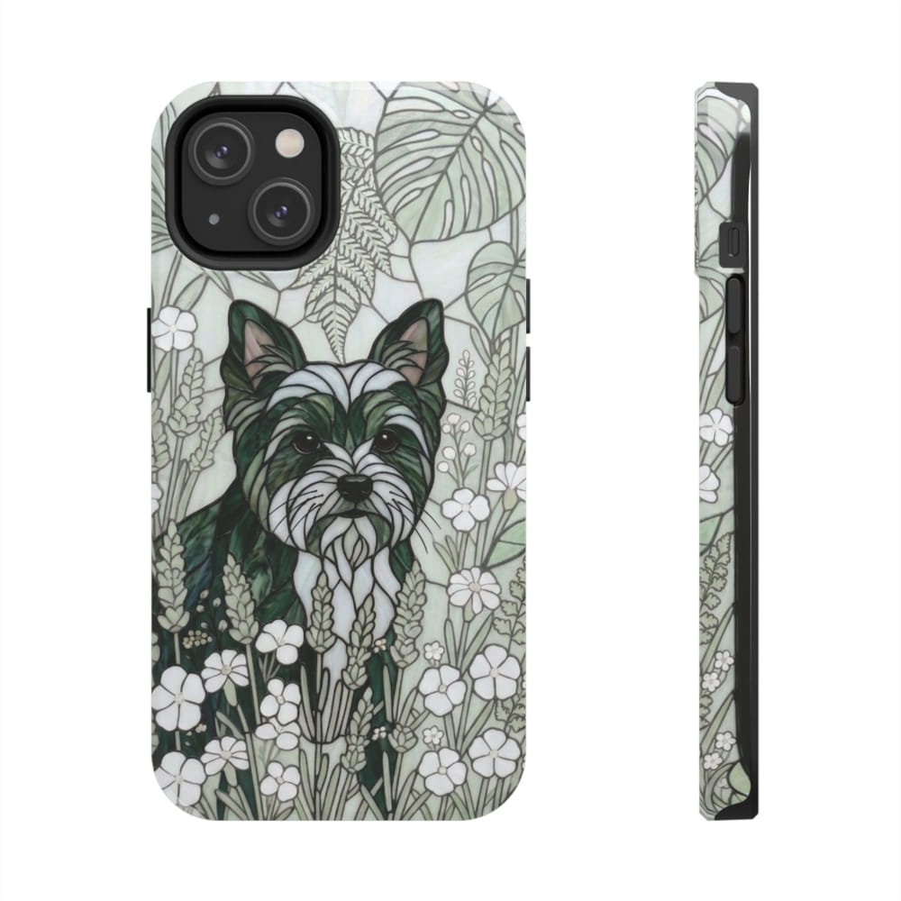 Yorkie Stained Glass Style Tough Case, Botanical Green Theme - iPhone 14 - Phone Case